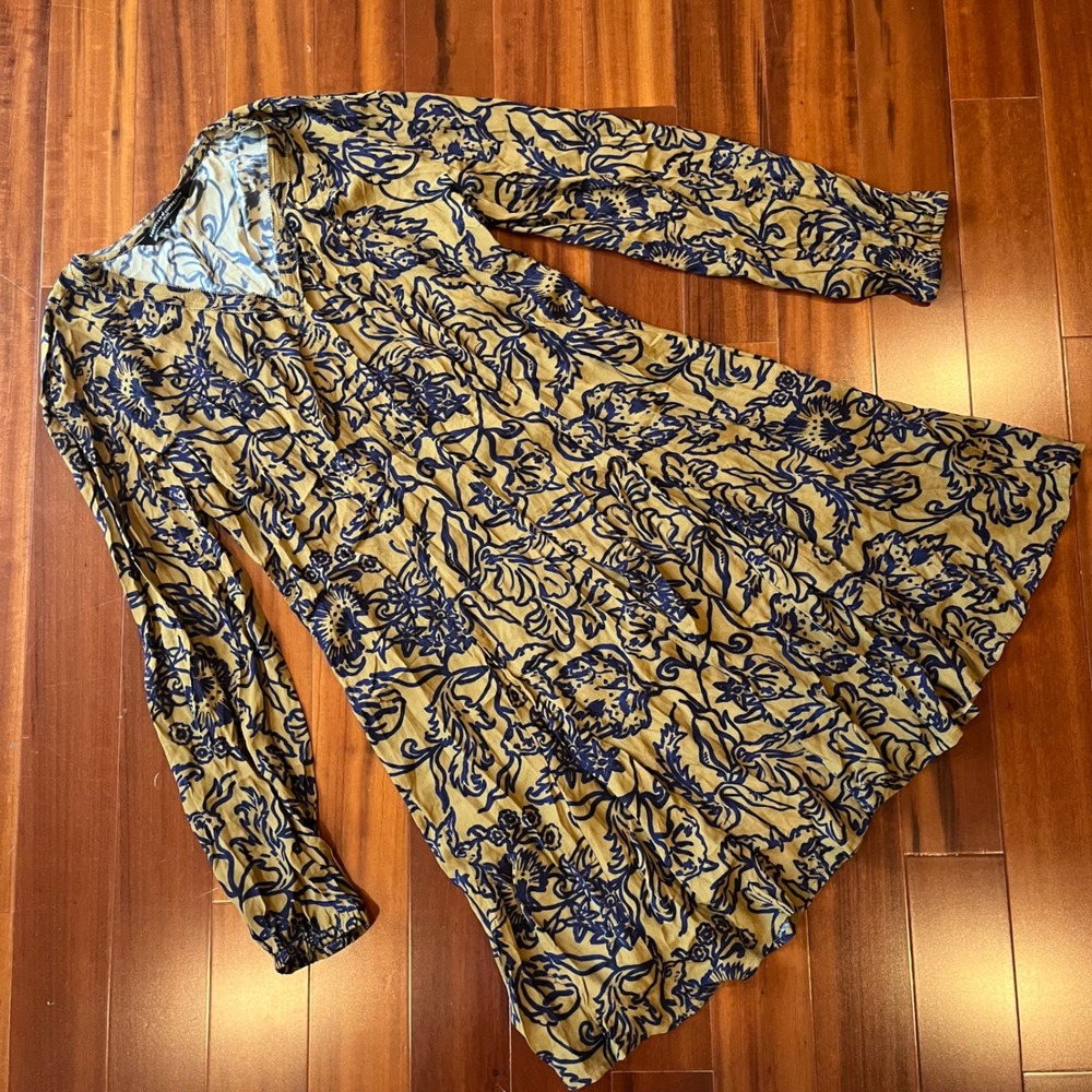 Peruvian Connection Floral Dress Blue Damask Cotton Mini Brown Tan Long Sleeve S